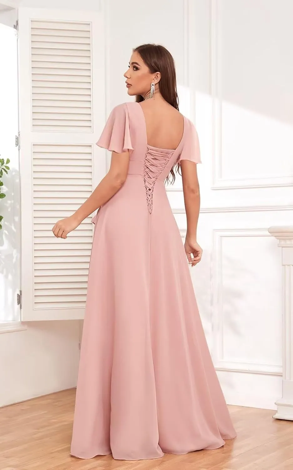 V Neck Bridesmaid Dresses for Women Short Sleeve Chiffon Formal Evening Dress with Slit