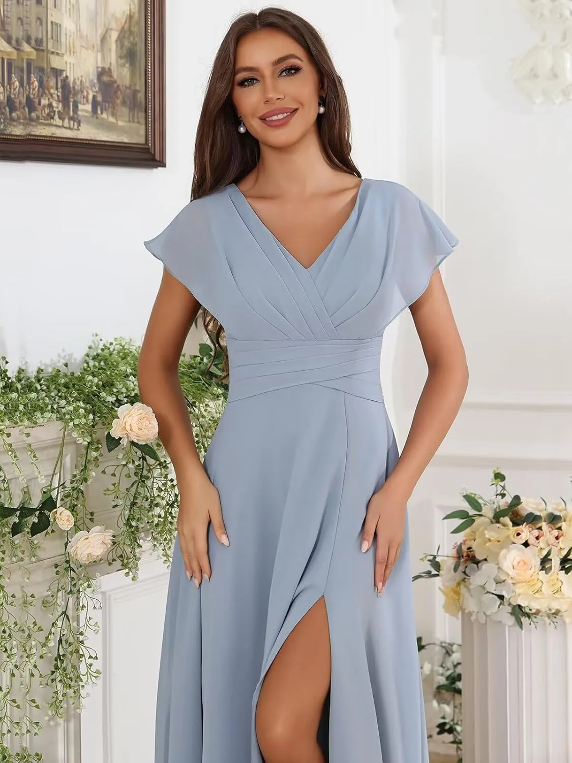 V Neck Chiffon Bridesmaid Dresses with Sleeves Long Slit A Line Formal Evening Dress for Women
