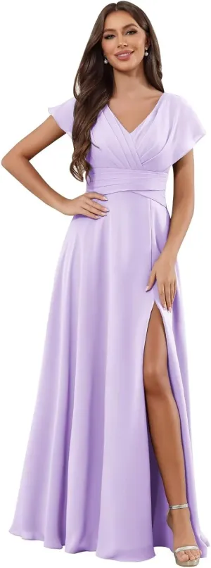 V Neck Chiffon Bridesmaid Dresses with Sleeves Long Slit A Line Formal Evening Dress for Women