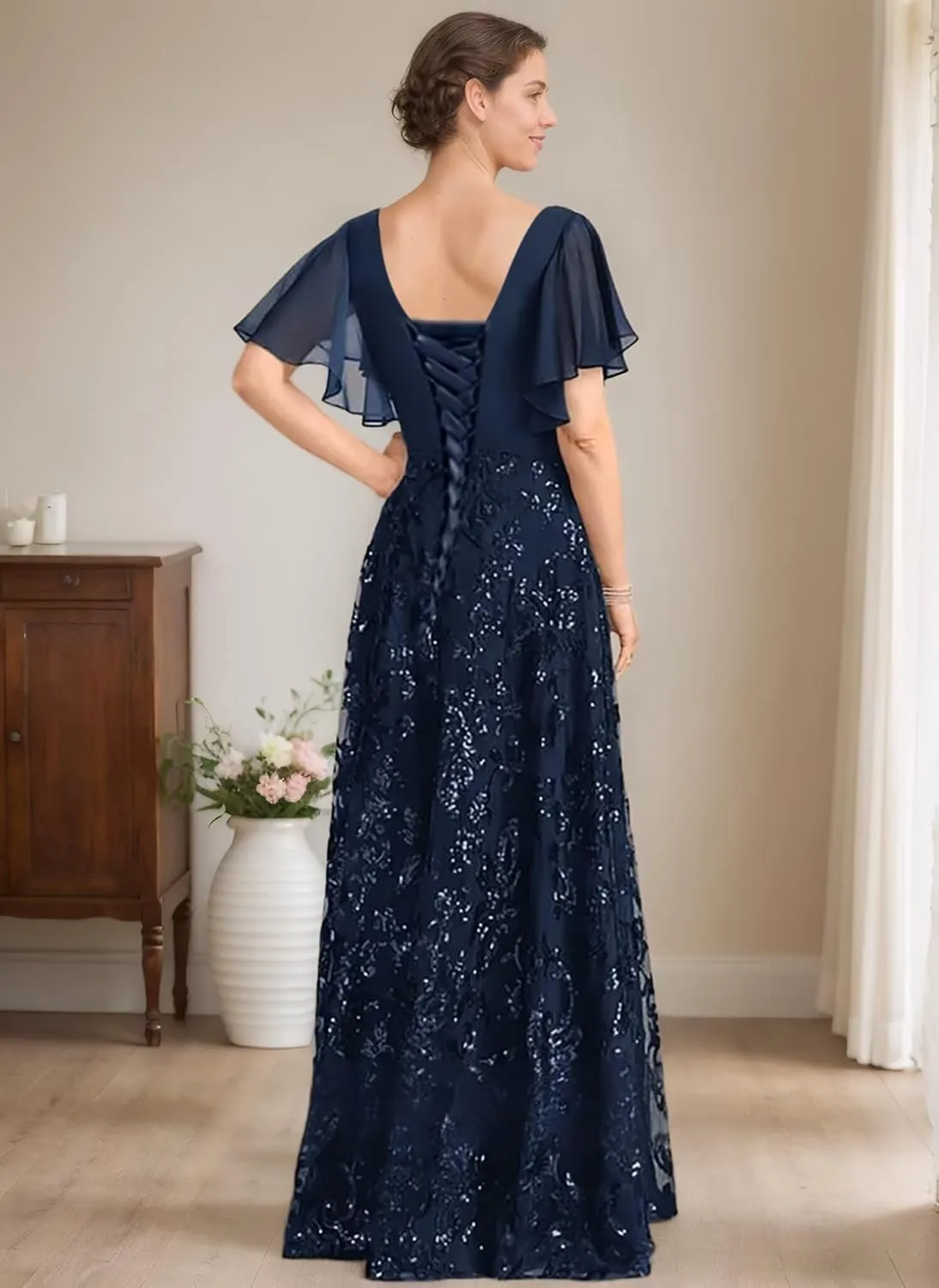 V-Neck Lace Chiffon Short Sleeve Mother of The Bride Dresses for Women A-Line Floor-Length Wedding Guest Dresses