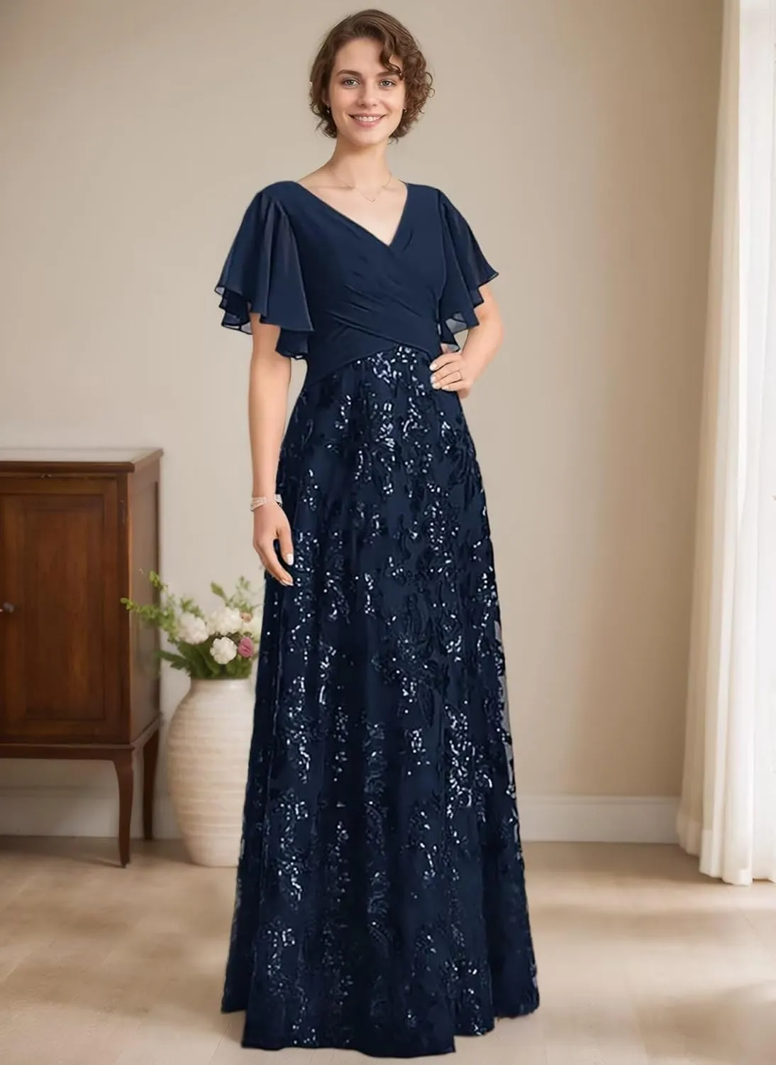 V-Neck Lace Chiffon Short Sleeve Mother of The Bride Dresses for Women A-Line Floor-Length Wedding Guest Dresses