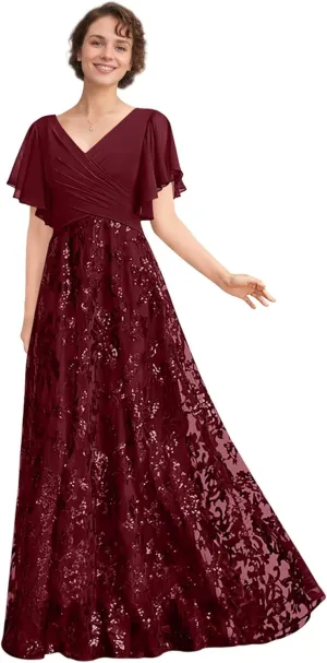 V-Neck Lace Chiffon Short Sleeve Mother of The Bride Dresses for Women A-Line Floor-Length Wedding Guest Dresses