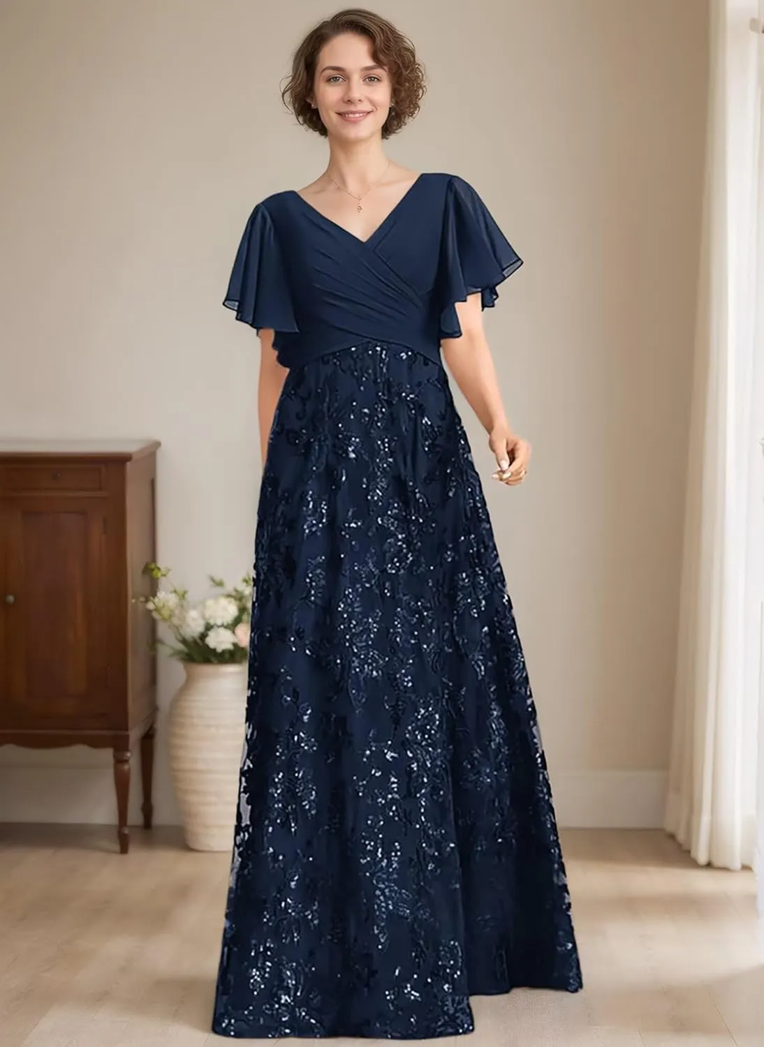 V-Neck Lace Chiffon Short Sleeve Mother of The Bride Dresses for Women A-Line Floor-Length Wedding Guest Dresses