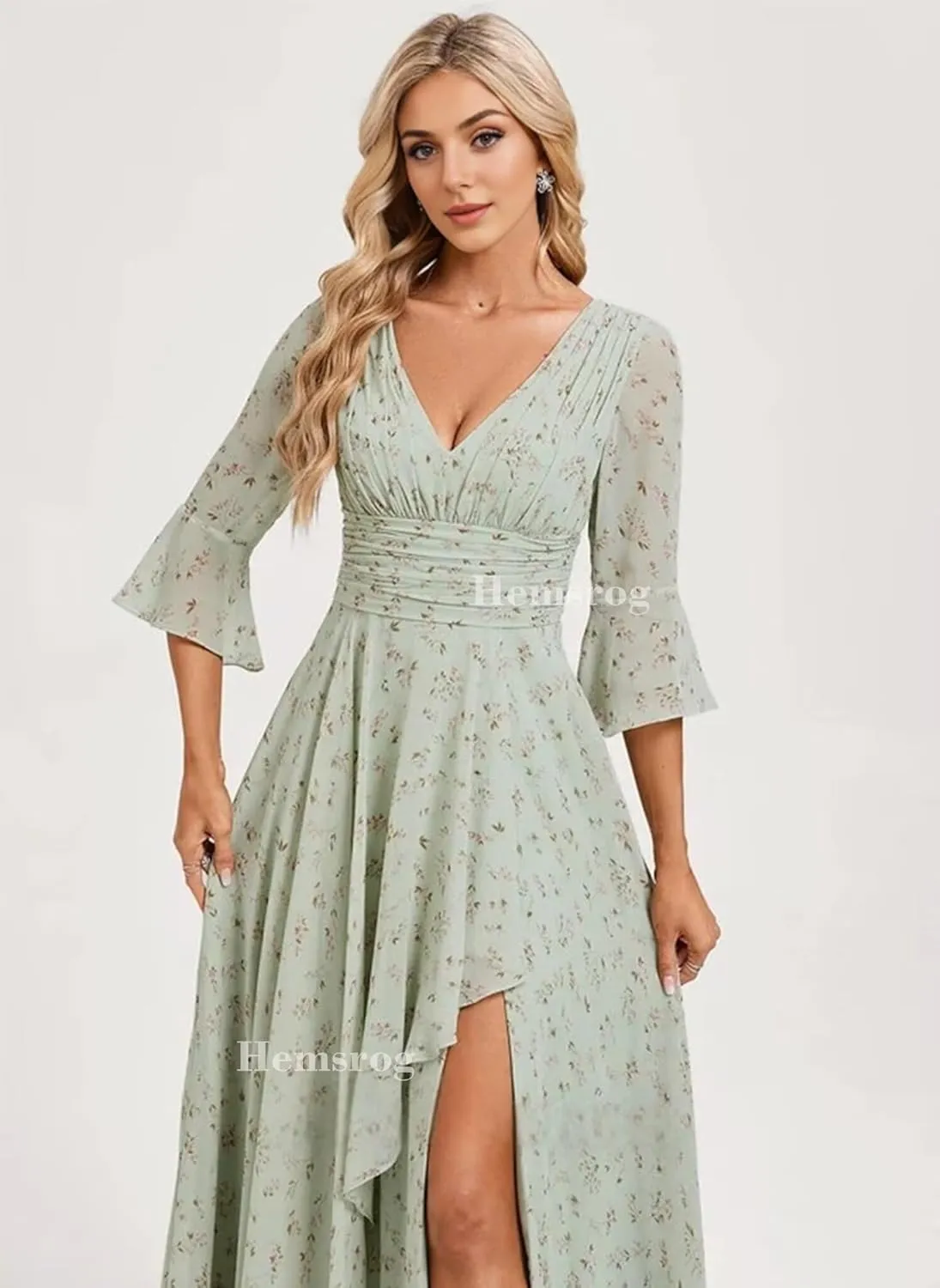 V Neck Mother of The Bride Dresses for Wedding Chiffon 3/4 Sleeve Bridesmaid Dress Long Formal Dress for Women with Slit