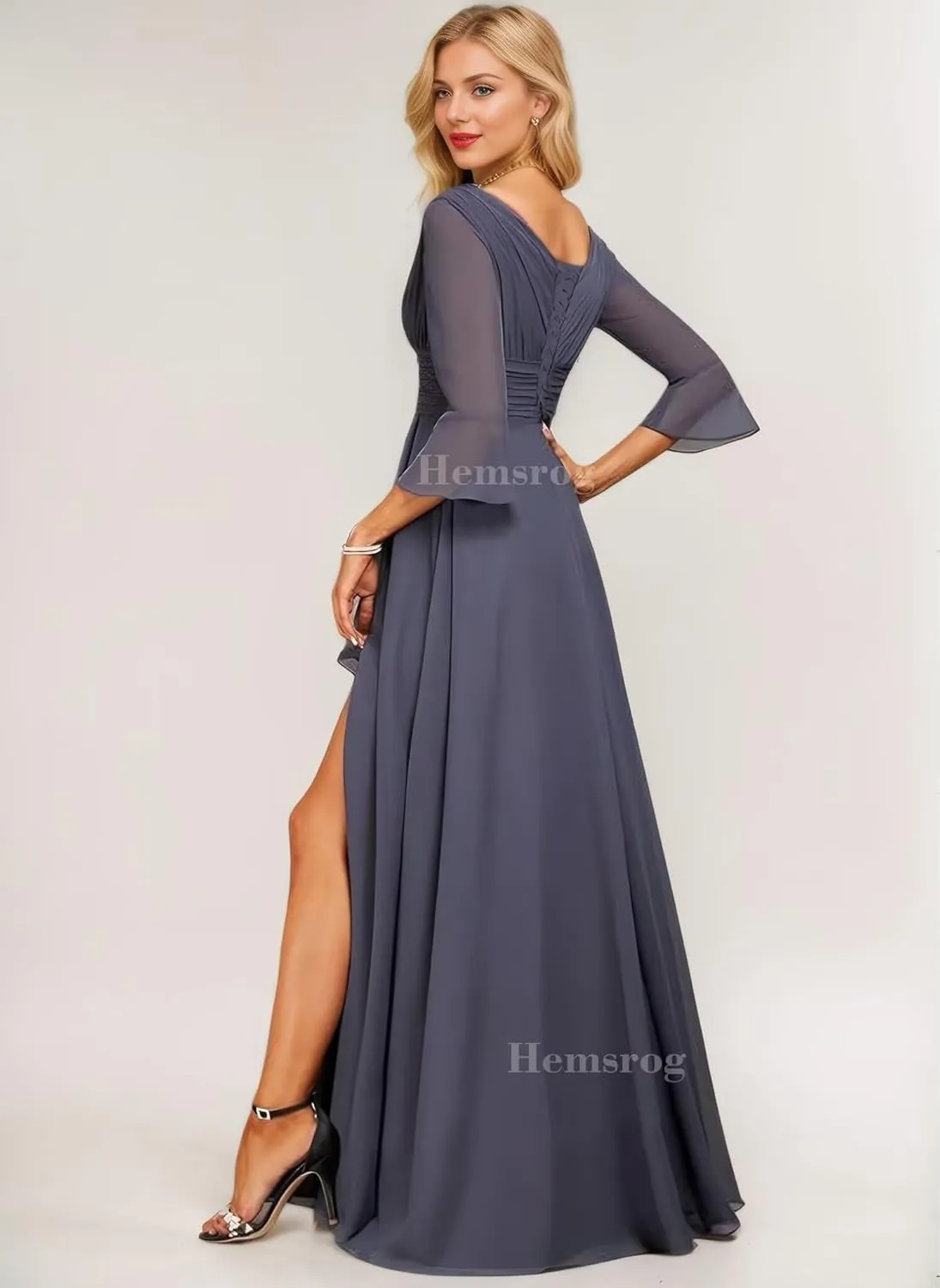 V Neck Mother of The Bride Dresses for Wedding Chiffon 3/4 Sleeve Bridesmaid Dress Long Formal Dress for Women with Slit