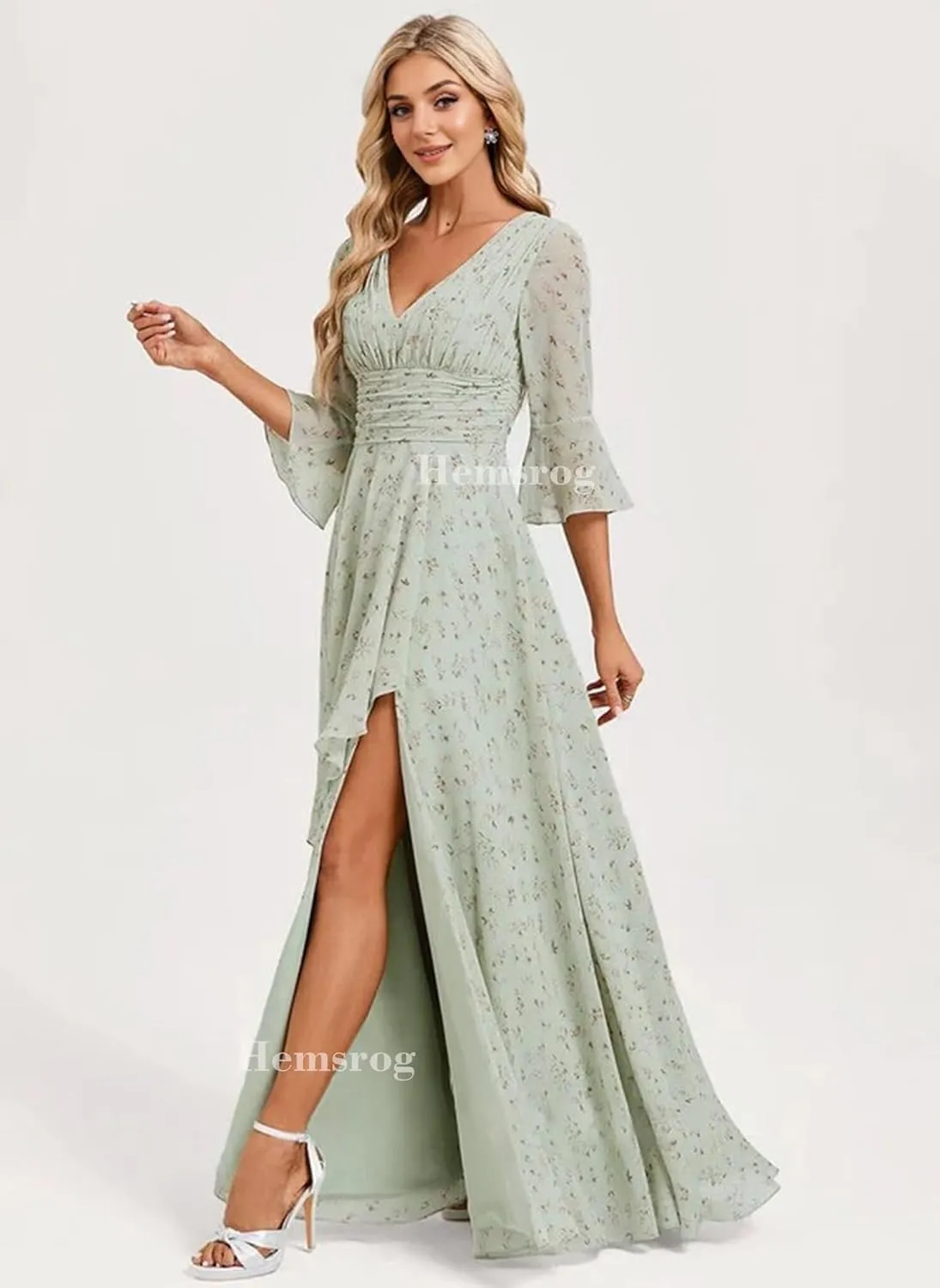 V Neck Mother of The Bride Dresses for Wedding Chiffon 3/4 Sleeve Bridesmaid Dress Long Formal Dress for Women with Slit