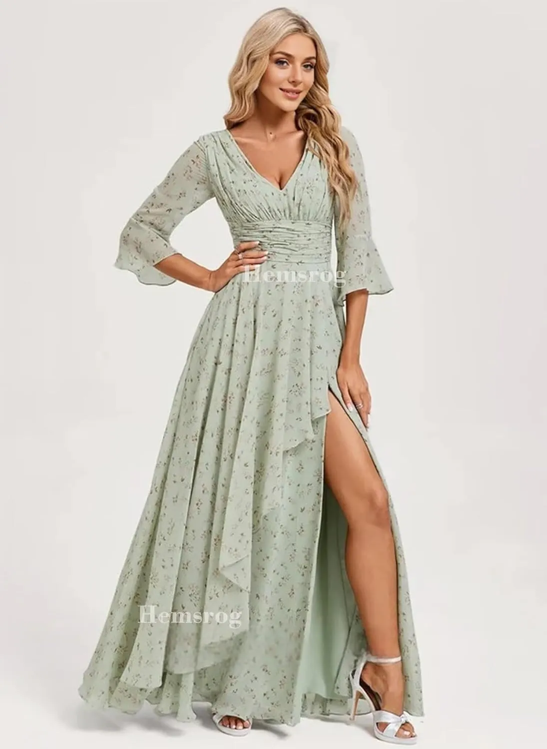 V Neck Mother of The Bride Dresses for Wedding Chiffon 3/4 Sleeve Bridesmaid Dress Long Formal Dress for Women with Slit