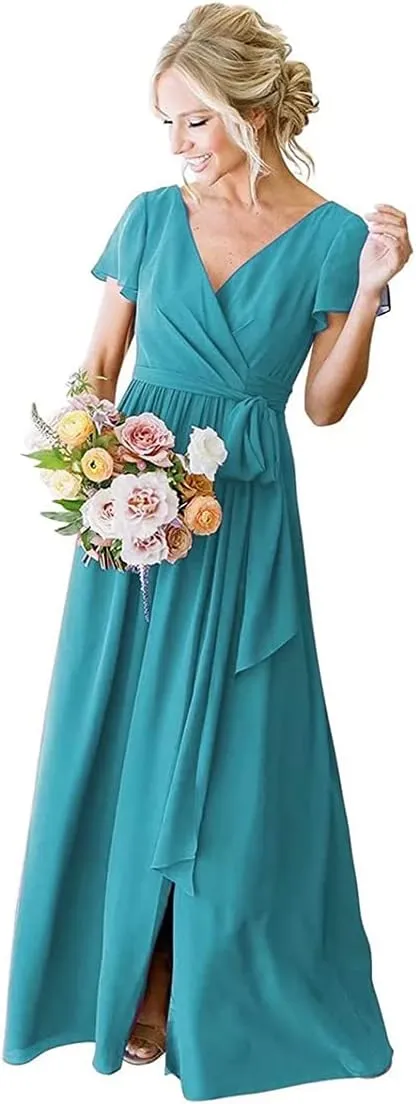 V Neck Short Sleeve Aqua Blue Bridesmaid Dress with Slit A Line Long Ruched Chiffon Formal Evening Gowns Size 8