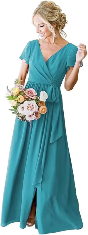V Neck Short Sleeve Aqua Blue Bridesmaid Dress with Slit A Line Long Ruched Chiffon Formal Evening Gowns Size 8