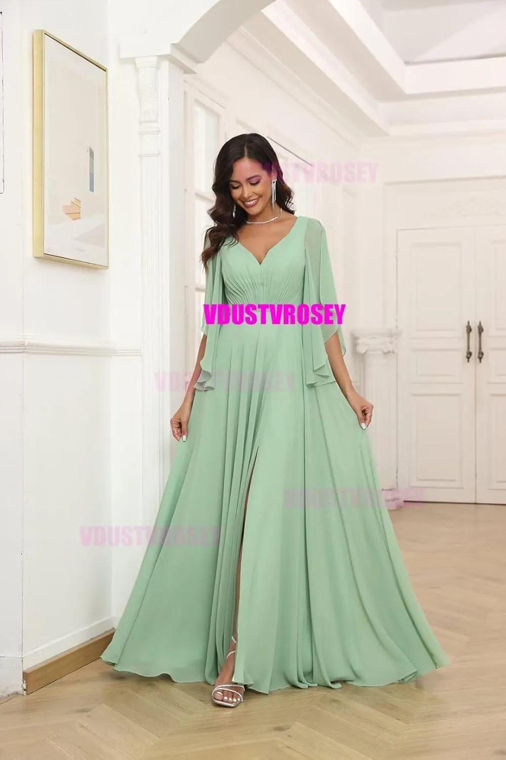 V Neck Slit Flutter Sleeve Bridesmaid Dresses Wedding 2024 Flowy Chiffon Ruched Split Formal Evening Gowns