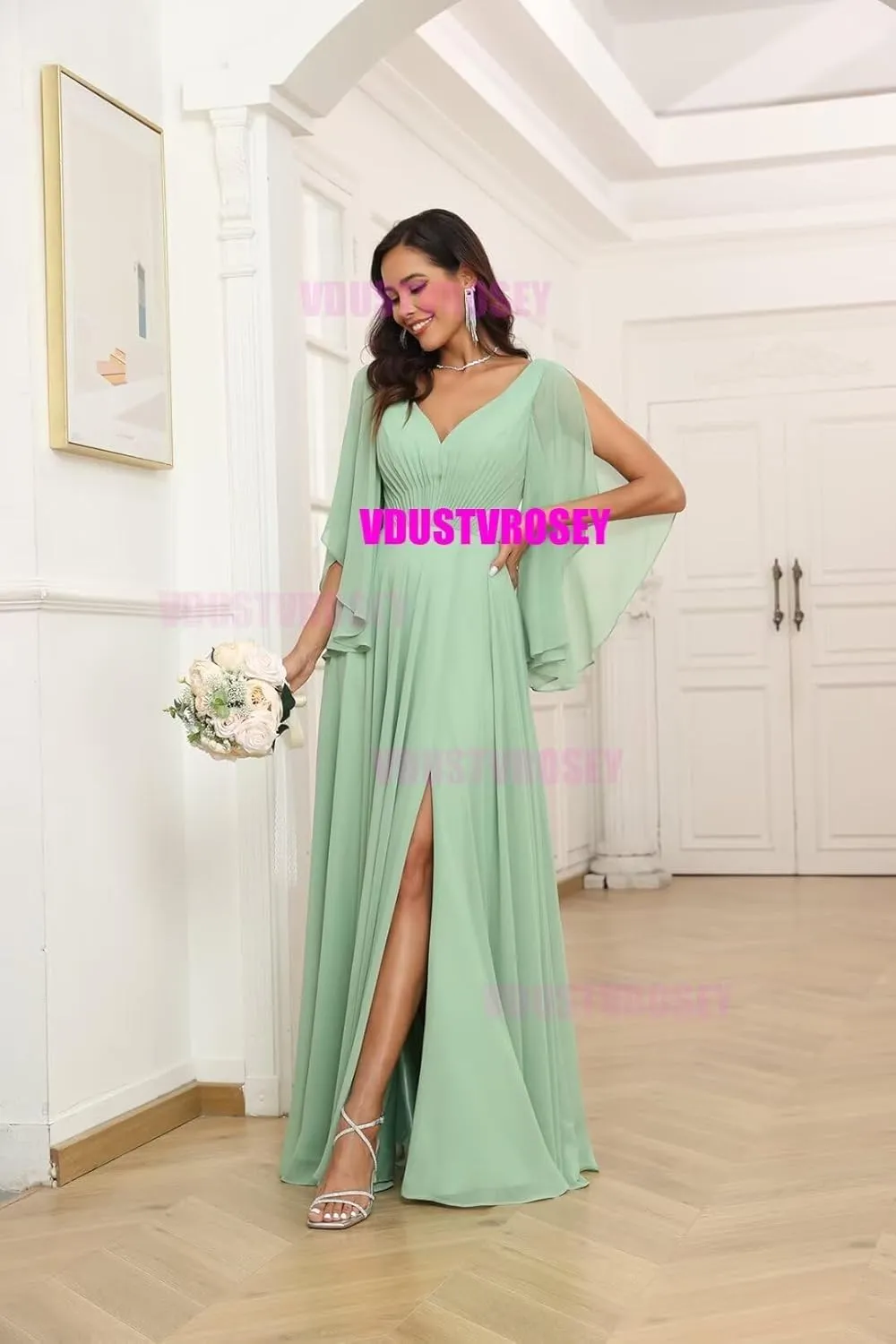 V Neck Slit Flutter Sleeve Bridesmaid Dresses Wedding 2024 Flowy Chiffon Ruched Split Formal Evening Gowns