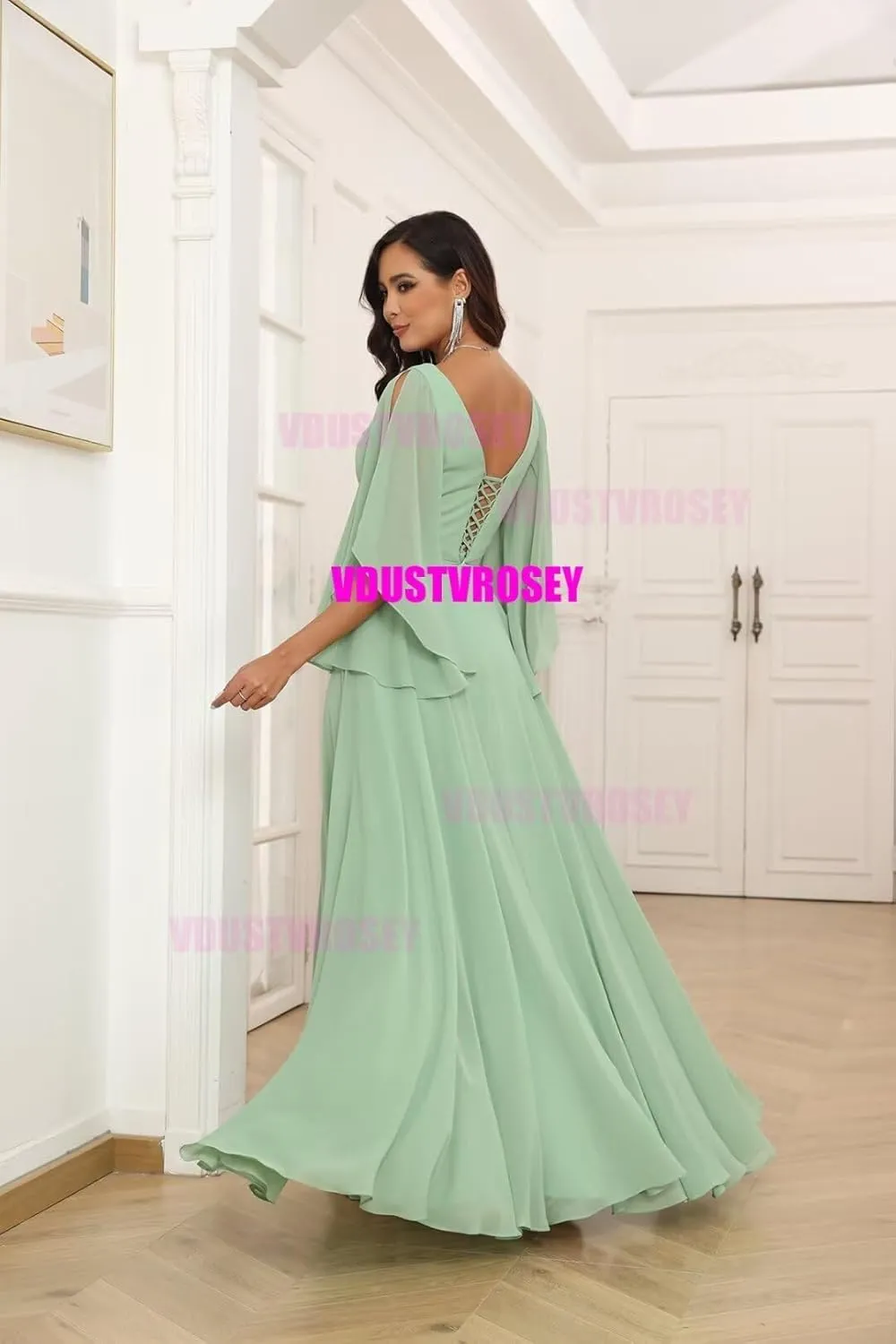 V Neck Slit Flutter Sleeve Bridesmaid Dresses Wedding 2024 Flowy Chiffon Ruched Split Formal Evening Gowns
