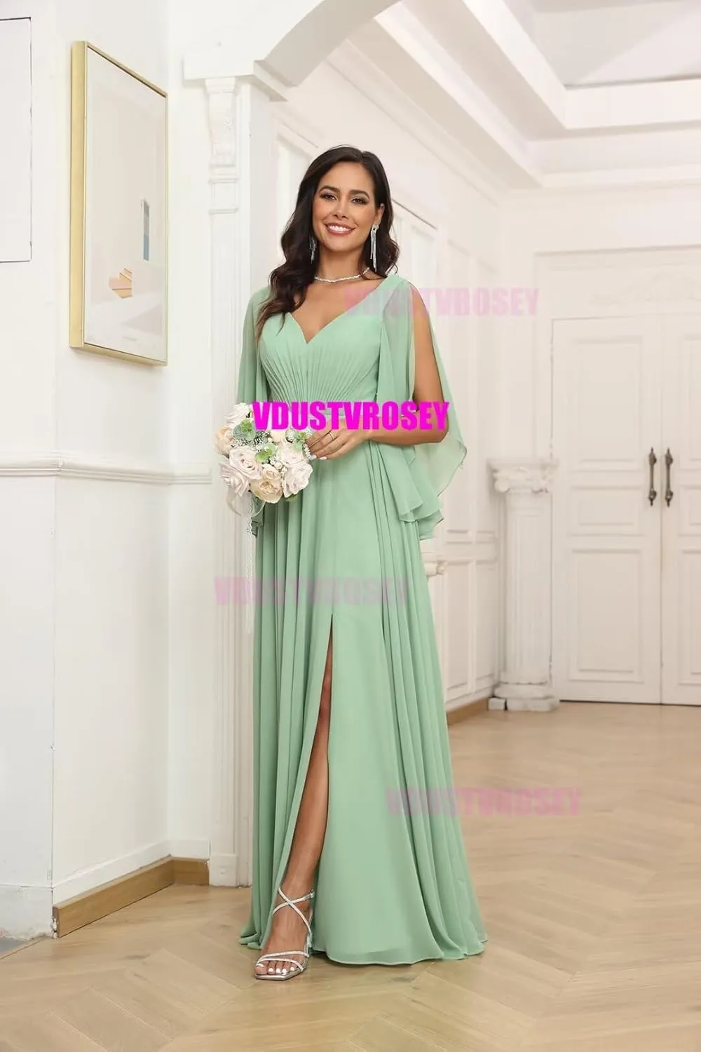 V Neck Slit Flutter Sleeve Bridesmaid Dresses Wedding 2024 Flowy Chiffon Ruched Split Formal Evening Gowns