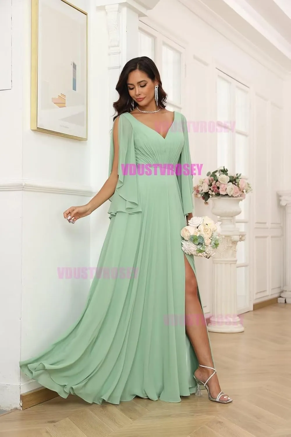 V Neck Slit Flutter Sleeve Bridesmaid Dresses Wedding 2024 Flowy Chiffon Ruched Split Formal Evening Gowns