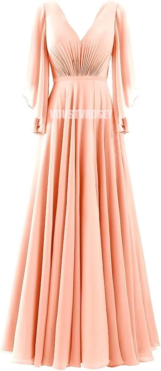V Neck Slit Flutter Sleeve Bridesmaid Dresses Wedding 2024 Flowy Chiffon Ruched Split Formal Evening Gowns