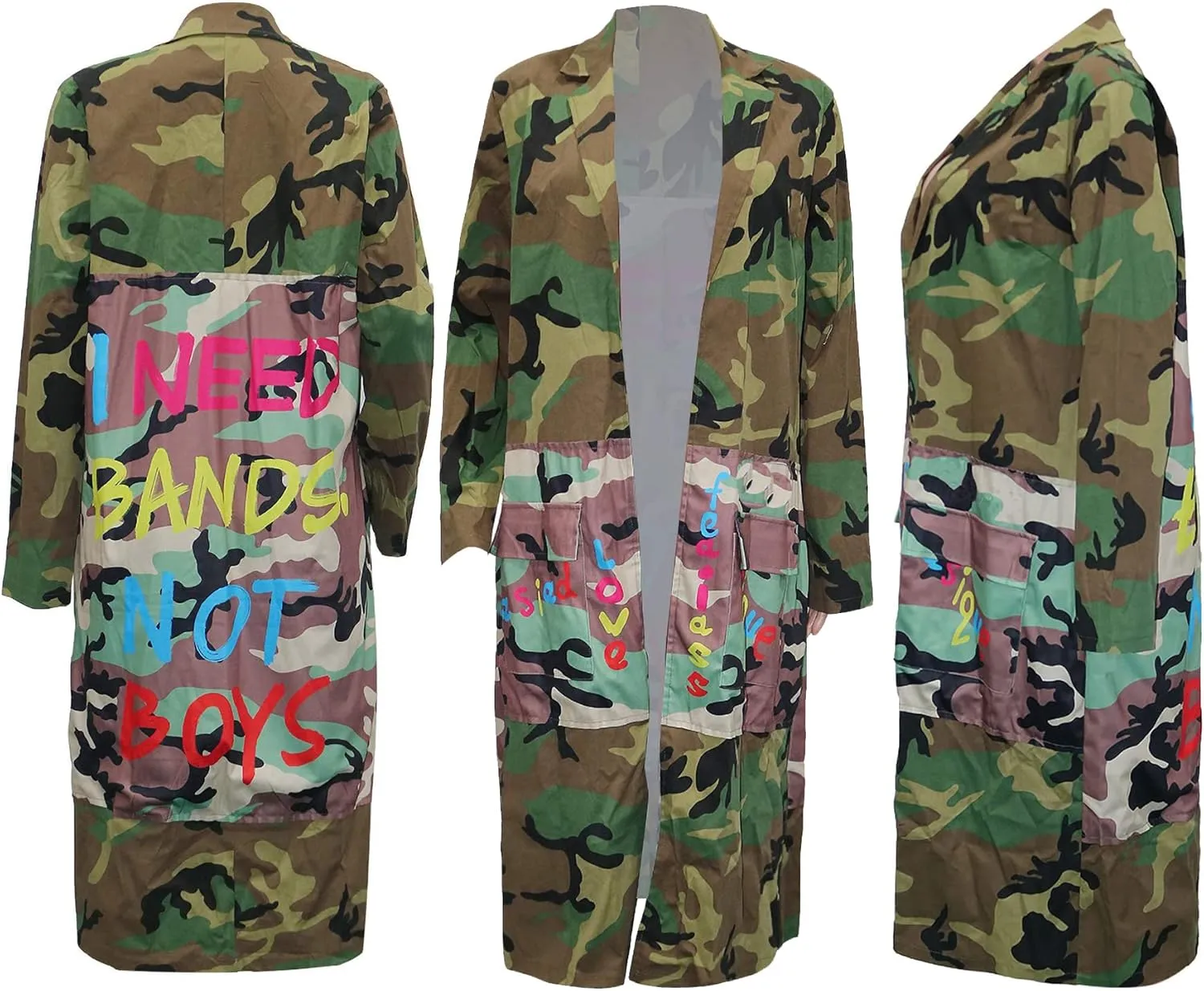 Vakkest Camo Blazer Jacket for Women Lapel Long Sleeve Open Front Cardigan Coat Classic Pockets Overcoat Outwear