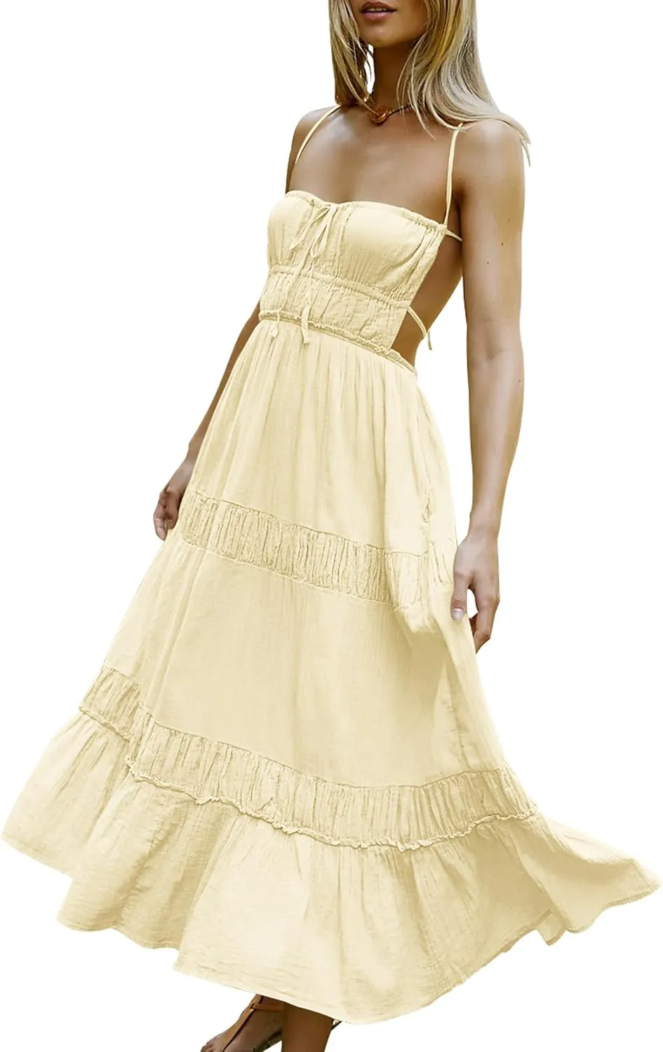VIUTIL Womens Backless Flowy Dress Sexy Strap Tiered Long Dresses Summer Beach Vacation Sundress with Pockets Clothes 2025