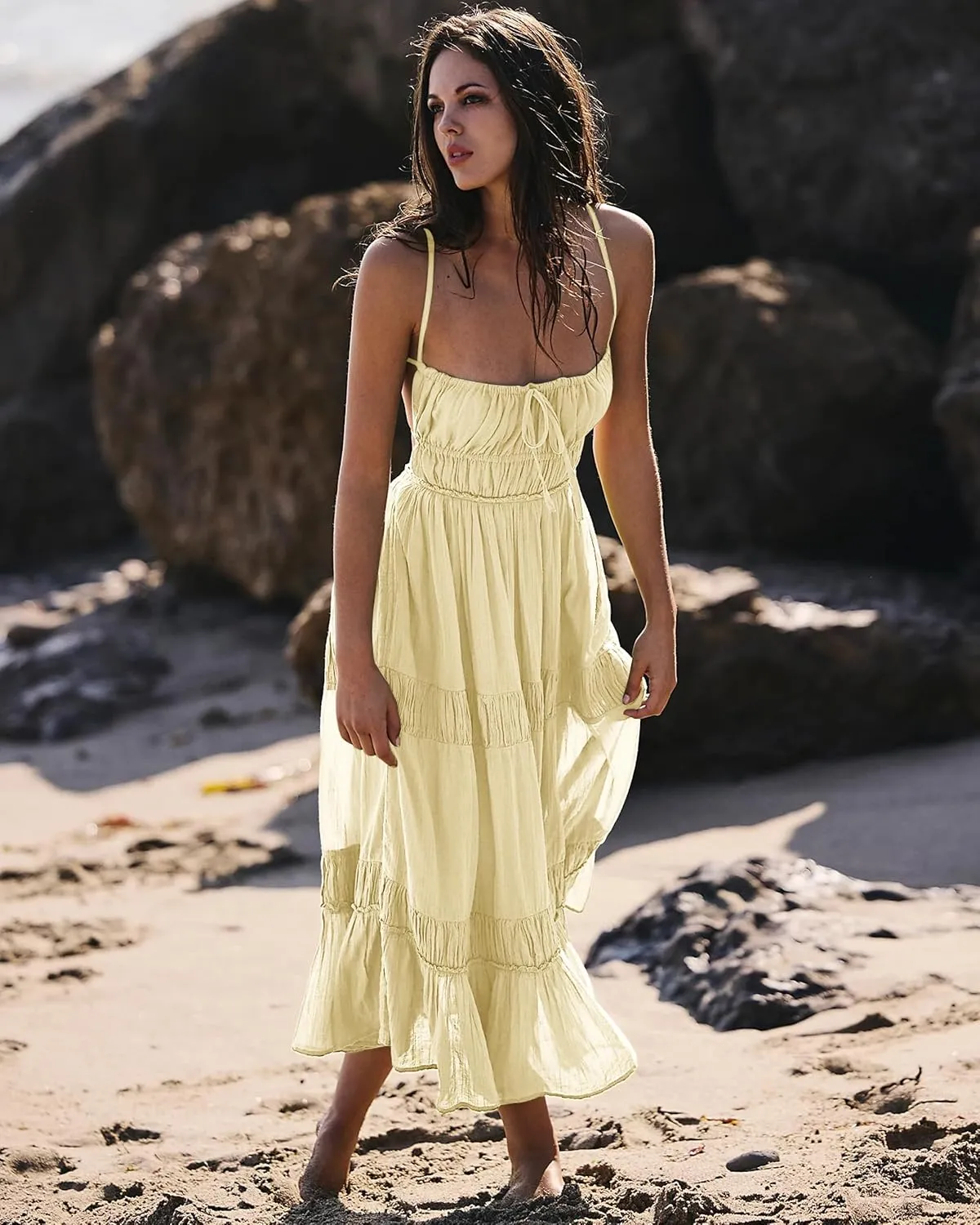 VIUTIL Womens Backless Flowy Dress Sexy Strap Tiered Long Dresses Summer Beach Vacation Sundress with Pockets Clothes 2025