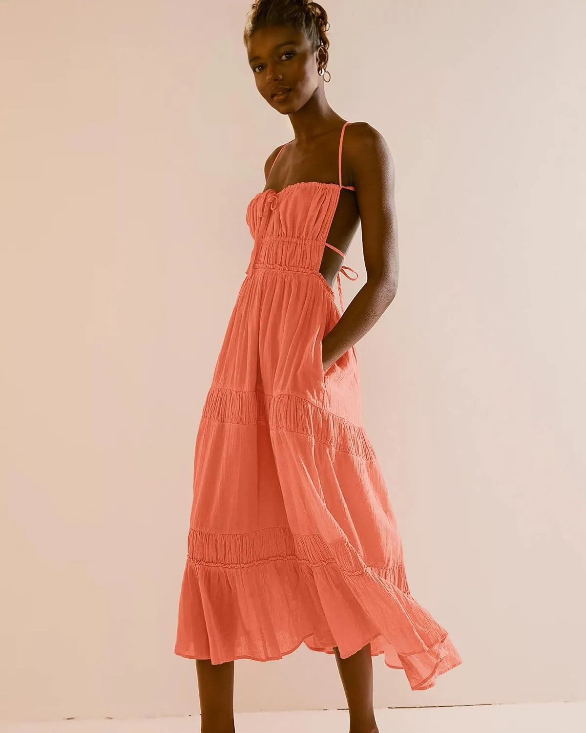 VIUTIL Womens Backless Flowy Dress Sexy Strap Tiered Long Dresses Summer Beach Vacation Sundress with Pockets Clothes 2025