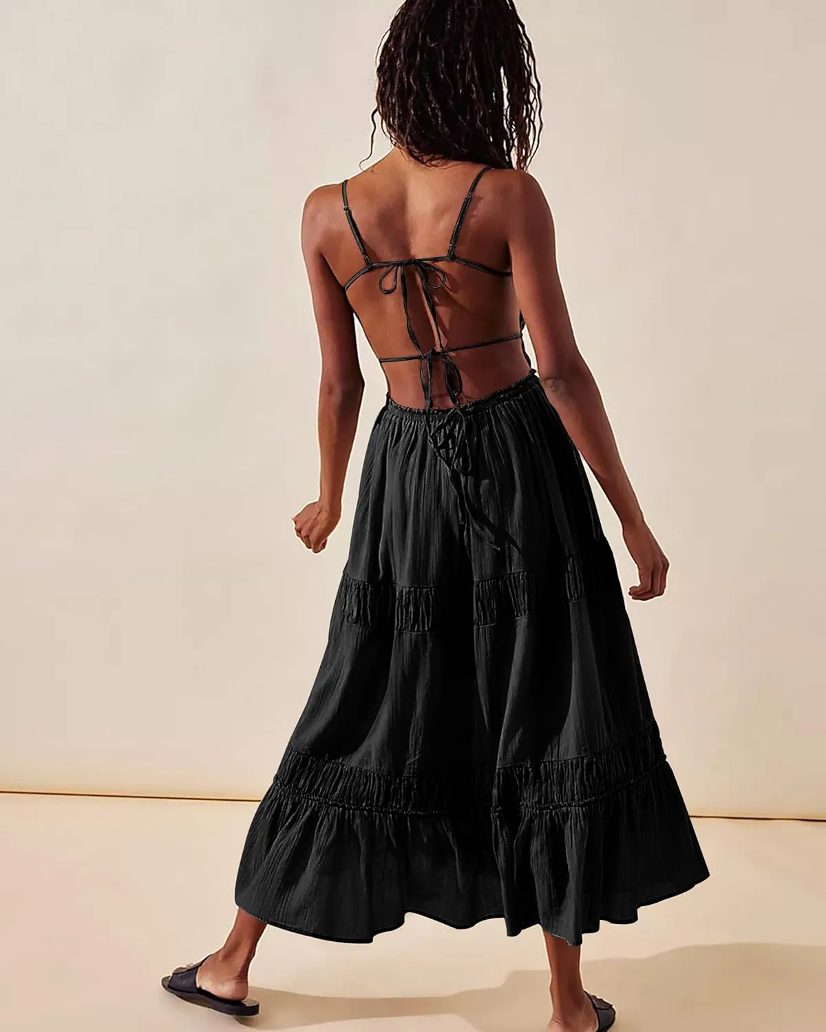 VIUTIL Womens Backless Flowy Dress Sexy Strap Tiered Long Dresses Summer Beach Vacation Sundress with Pockets Clothes 2025