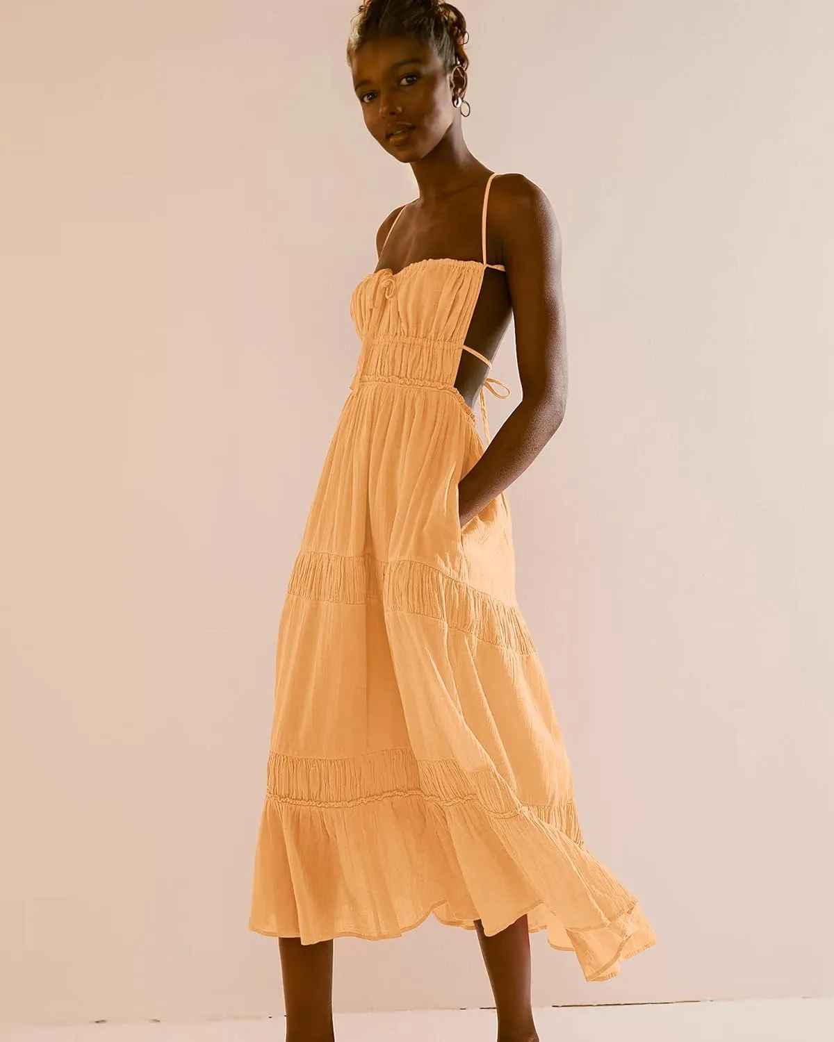 VIUTIL Womens Backless Flowy Dress Sexy Strap Tiered Long Dresses Summer Beach Vacation Sundress with Pockets Clothes 2025