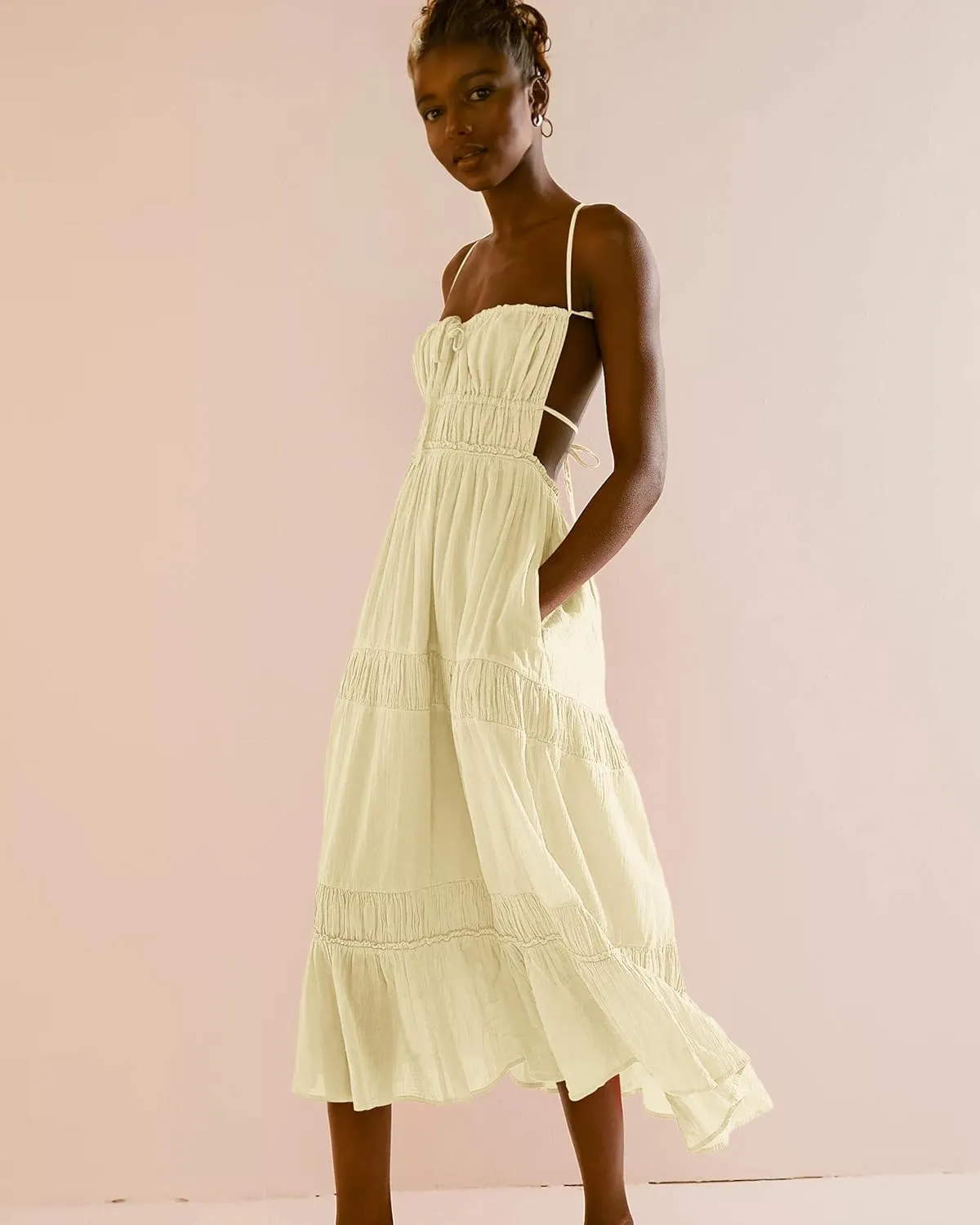 VIUTIL Womens Backless Flowy Dress Sexy Strap Tiered Long Dresses Summer Beach Vacation Sundress with Pockets Clothes 2025