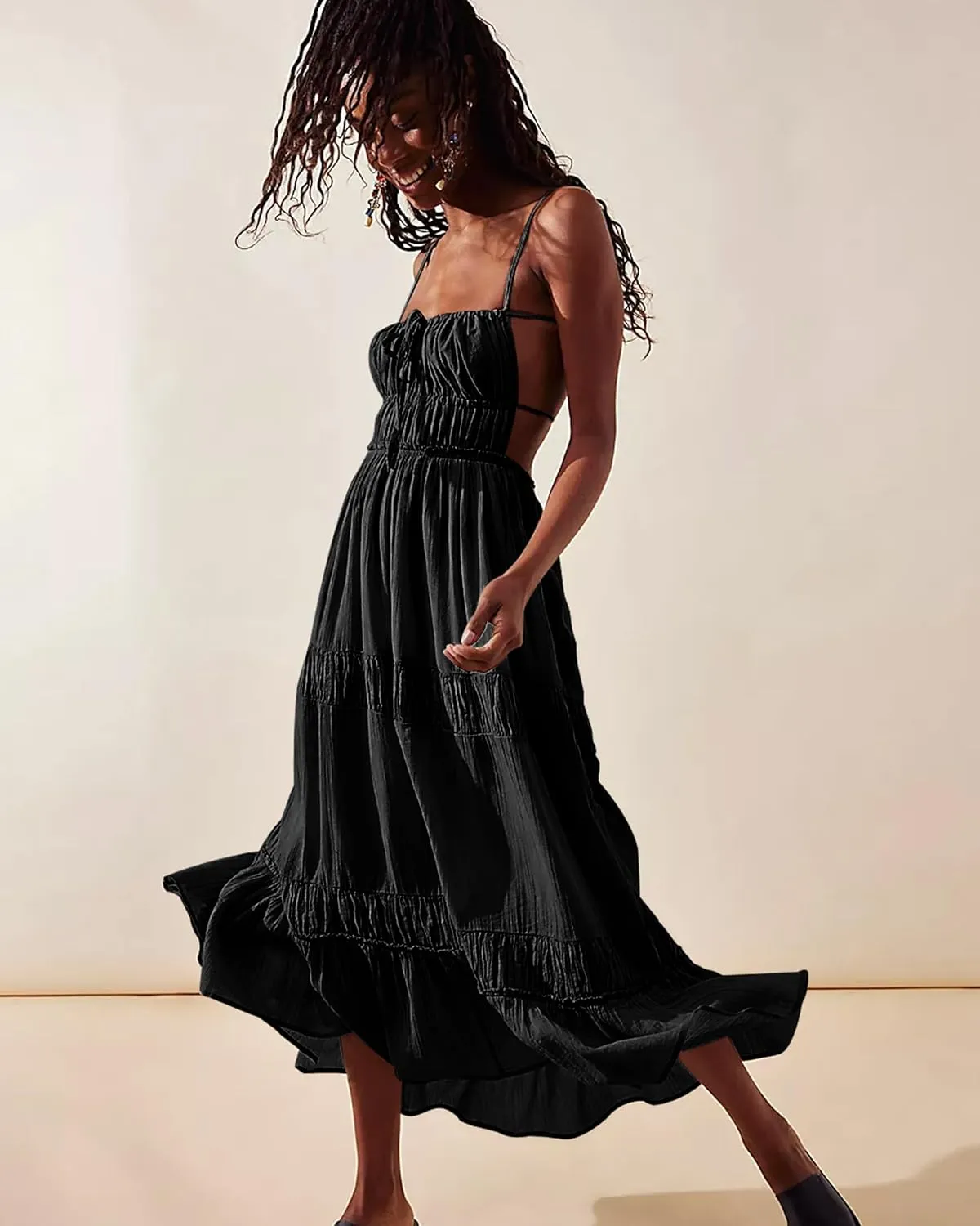 VIUTIL Womens Backless Flowy Dress Sexy Strap Tiered Long Dresses Summer Beach Vacation Sundress with Pockets Clothes 2025