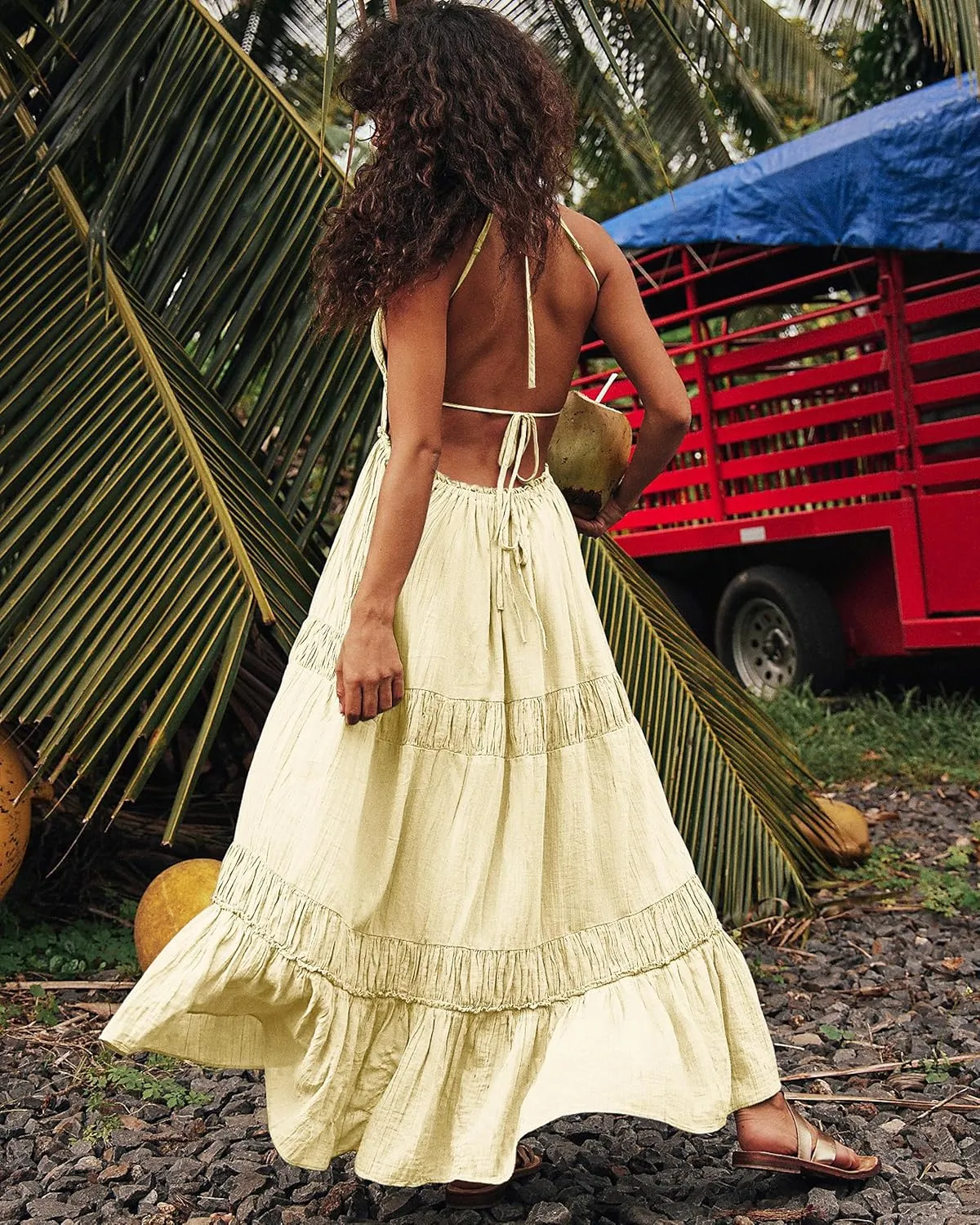 VIUTIL Womens Backless Flowy Dress Sexy Strap Tiered Long Dresses Summer Beach Vacation Sundress with Pockets Clothes 2025
