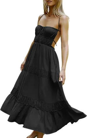 VIUTIL Womens Backless Flowy Dress Sexy Strap Tiered Long Dresses Summer Beach Vacation Sundress with Pockets Clothes 2025