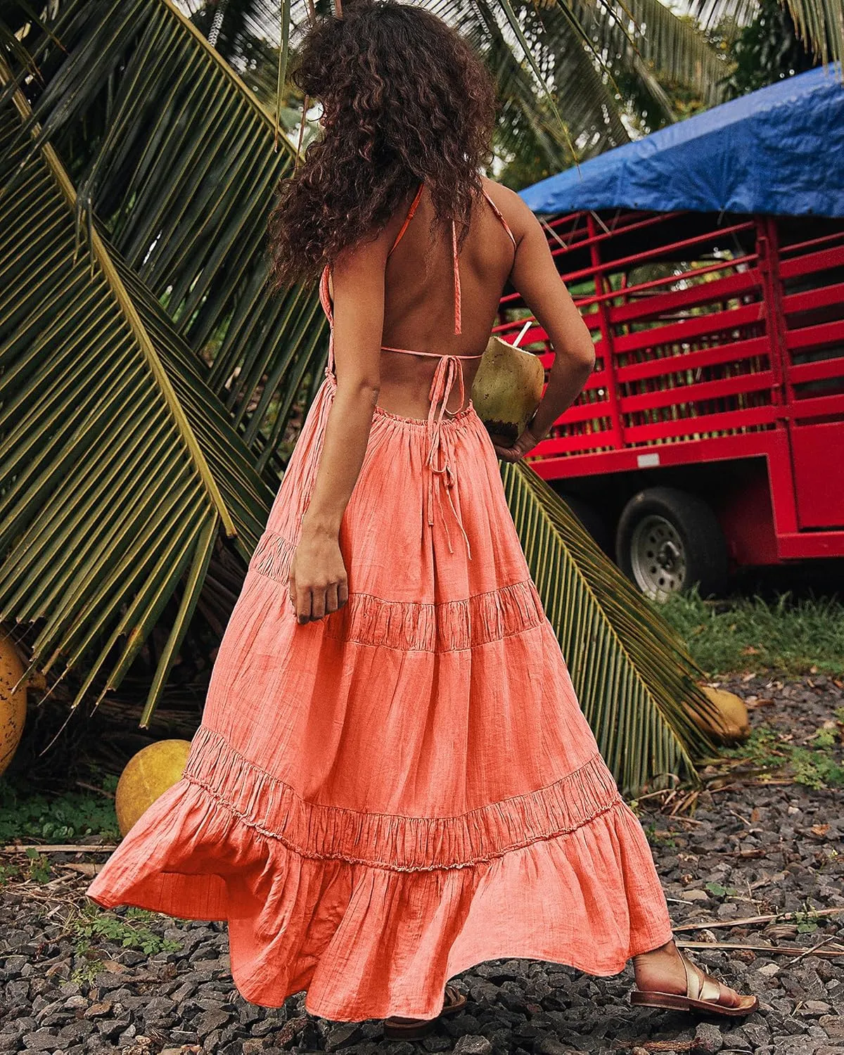 VIUTIL Womens Backless Flowy Dress Sexy Strap Tiered Long Dresses Summer Beach Vacation Sundress with Pockets Clothes 2025