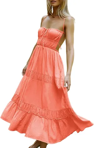 VIUTIL Womens Backless Flowy Dress Sexy Strap Tiered Long Dresses Summer Beach Vacation Sundress with Pockets Clothes 2025