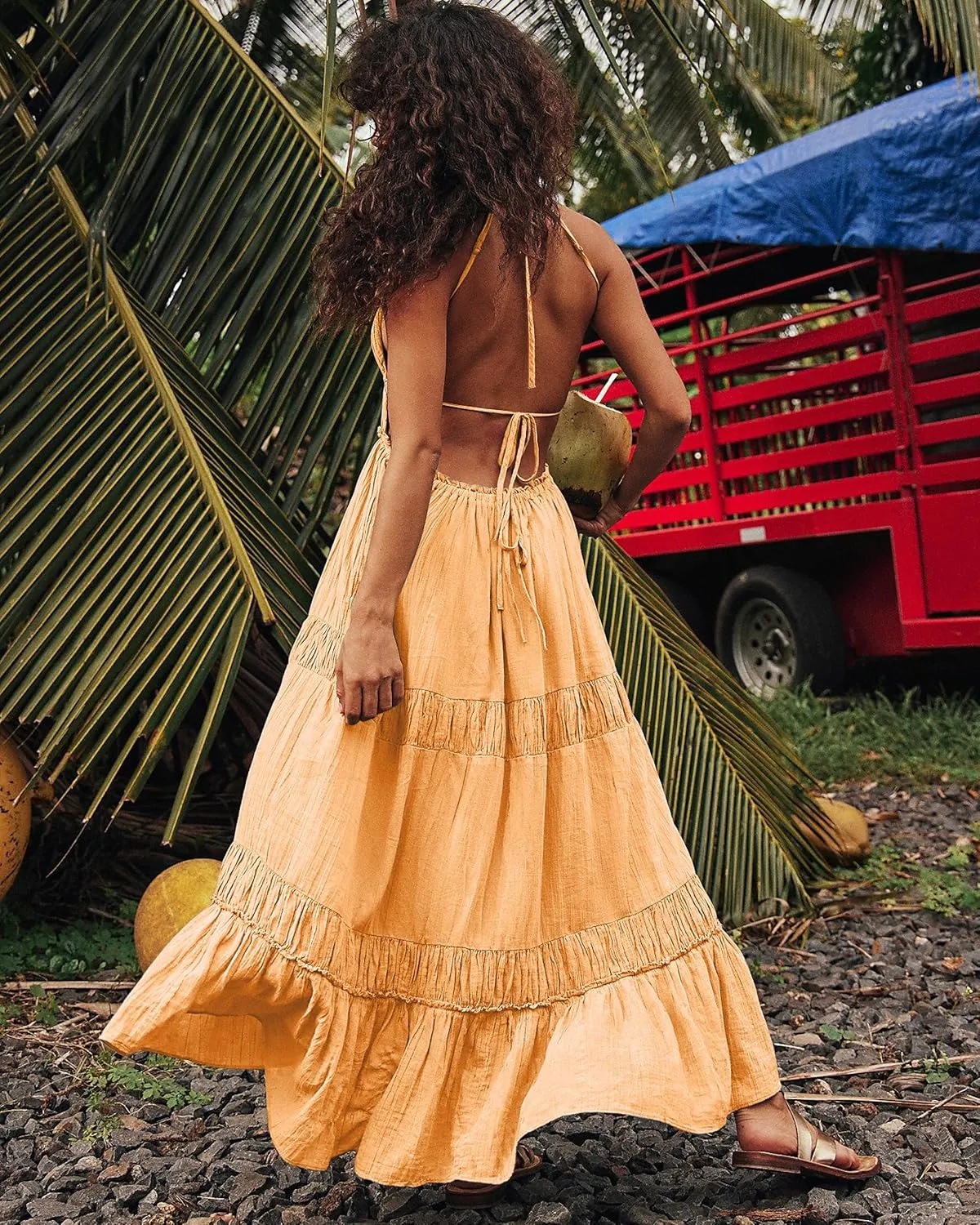 VIUTIL Womens Backless Flowy Dress Sexy Strap Tiered Long Dresses Summer Beach Vacation Sundress with Pockets Clothes 2025