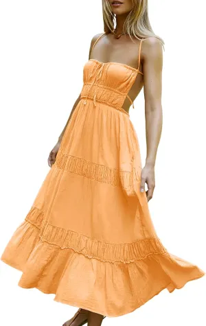 VIUTIL Womens Backless Flowy Dress Sexy Strap Tiered Long Dresses Summer Beach Vacation Sundress with Pockets Clothes 2025