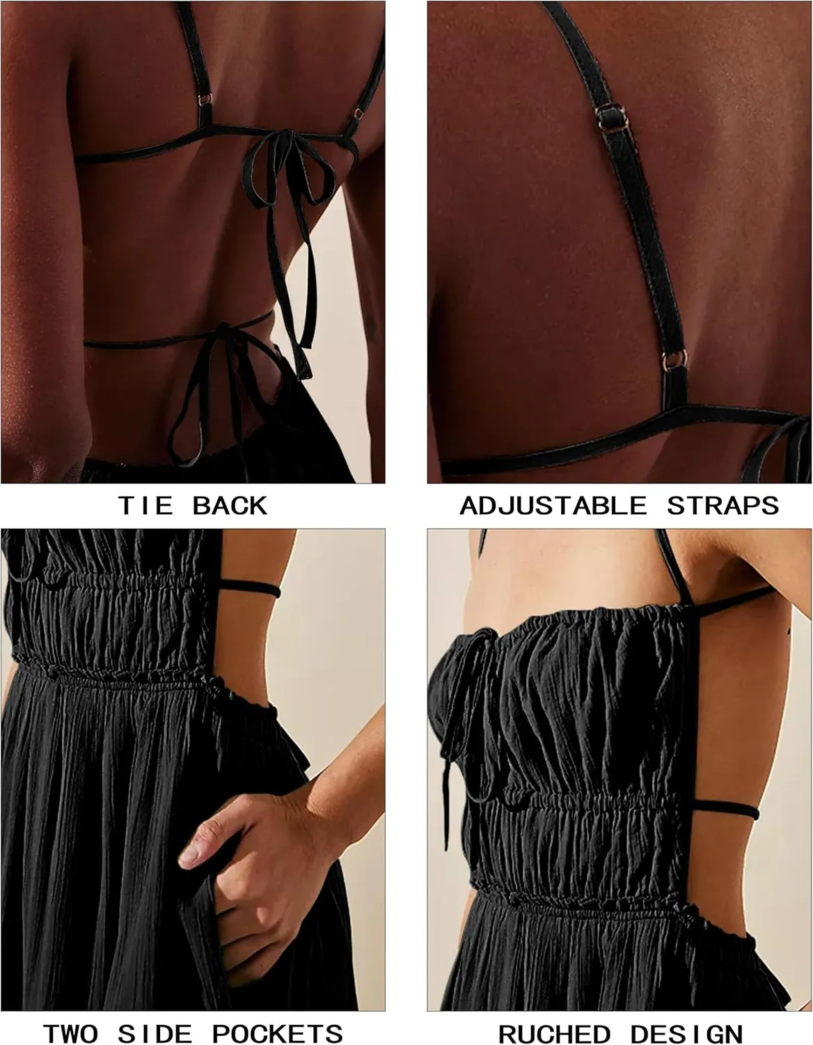 VIUTIL Womens Backless Flowy Dress Sexy Strap Tiered Long Dresses Summer Beach Vacation Sundress with Pockets Clothes 2025