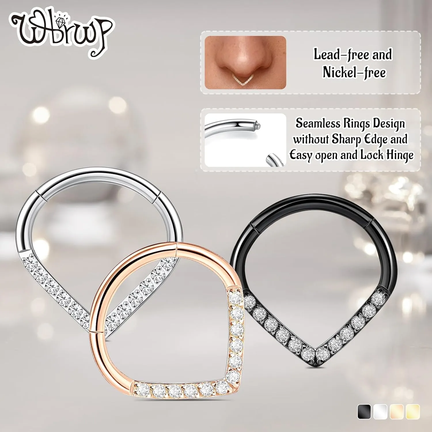 WBRWP 16G 8MM 10MM Septum Rings Piercing Jewelry: Teardrop Heart Shape Opal CZ 316L Surgical Steel Hinged Nose Rings Hoops Clicker Hypoallergenic Conch Helix Piercing Jewelry Daith Cartilage Earring