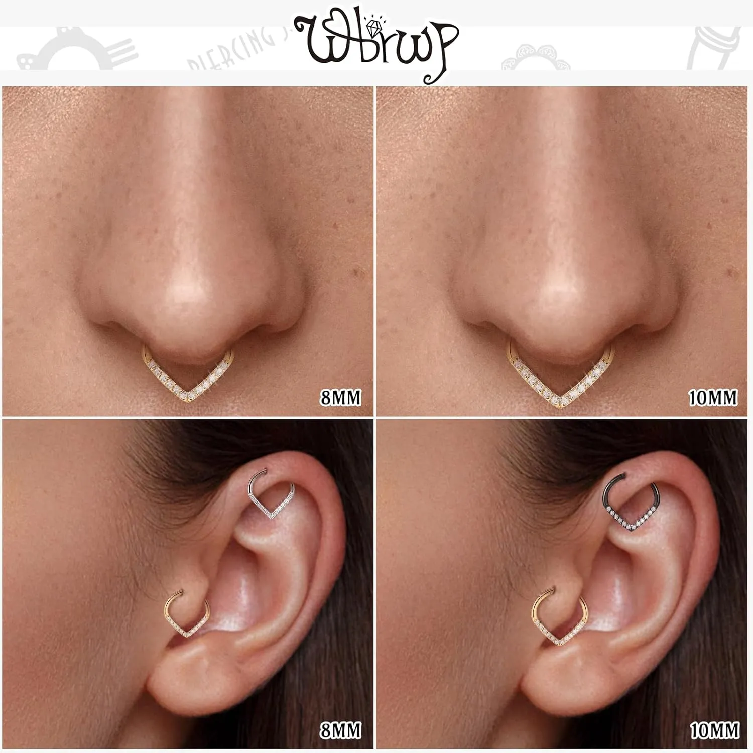 WBRWP 16G 8MM 10MM Septum Rings Piercing Jewelry: Teardrop Heart Shape Opal CZ 316L Surgical Steel Hinged Nose Rings Hoops Clicker Hypoallergenic Conch Helix Piercing Jewelry Daith Cartilage Earring