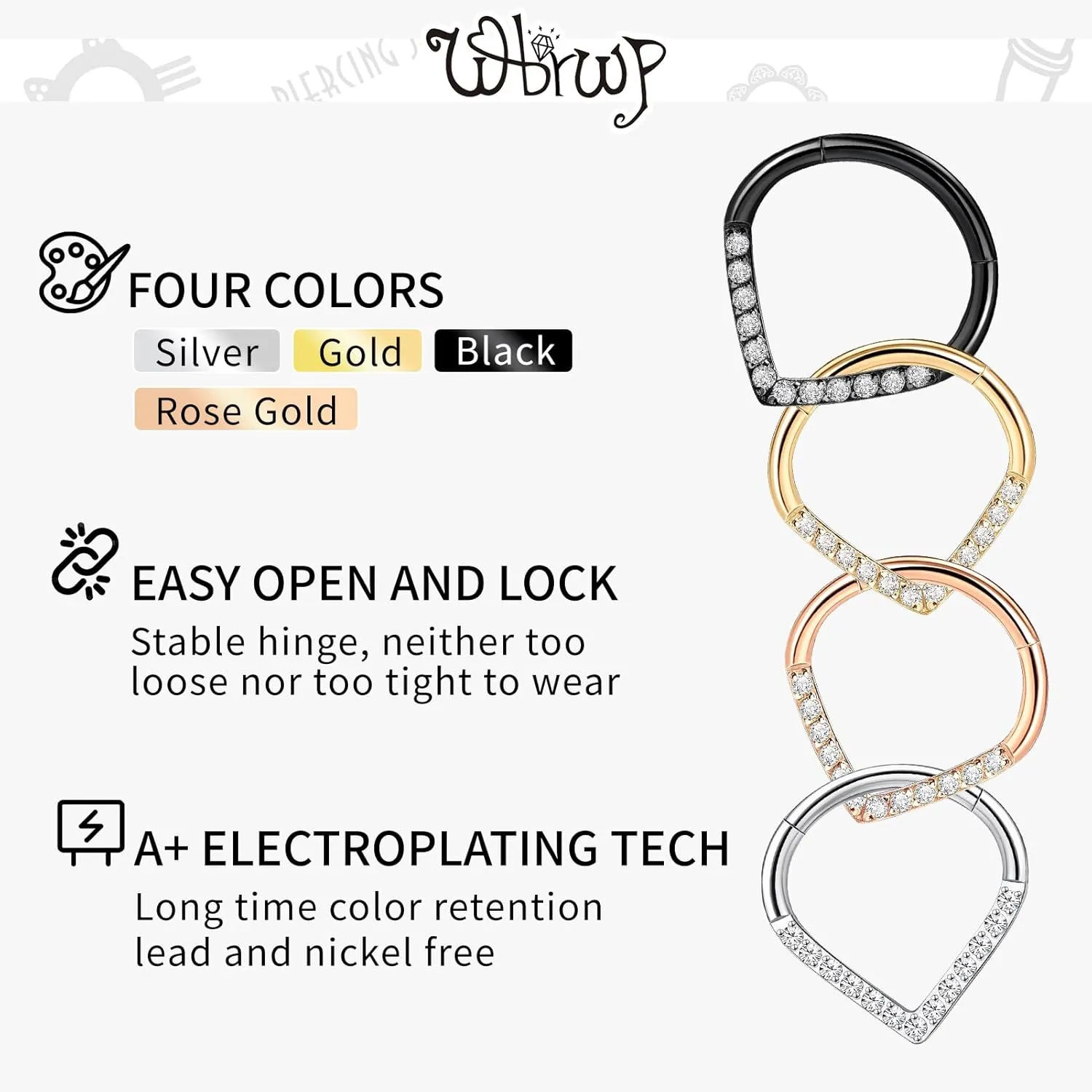 WBRWP 16G 8MM 10MM Septum Rings Piercing Jewelry: Teardrop Heart Shape Opal CZ 316L Surgical Steel Hinged Nose Rings Hoops Clicker Hypoallergenic Conch Helix Piercing Jewelry Daith Cartilage Earring