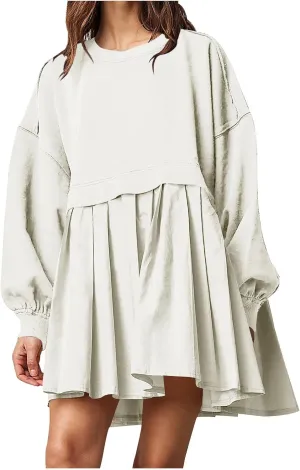White Womens Casual Dresses Long Sleeve Dresses for Ladies Crewneck Midi Knee Length Loose Fit Plus Size Ruched Basic Fall Summer Dresses 2025 Clothing Trendy S