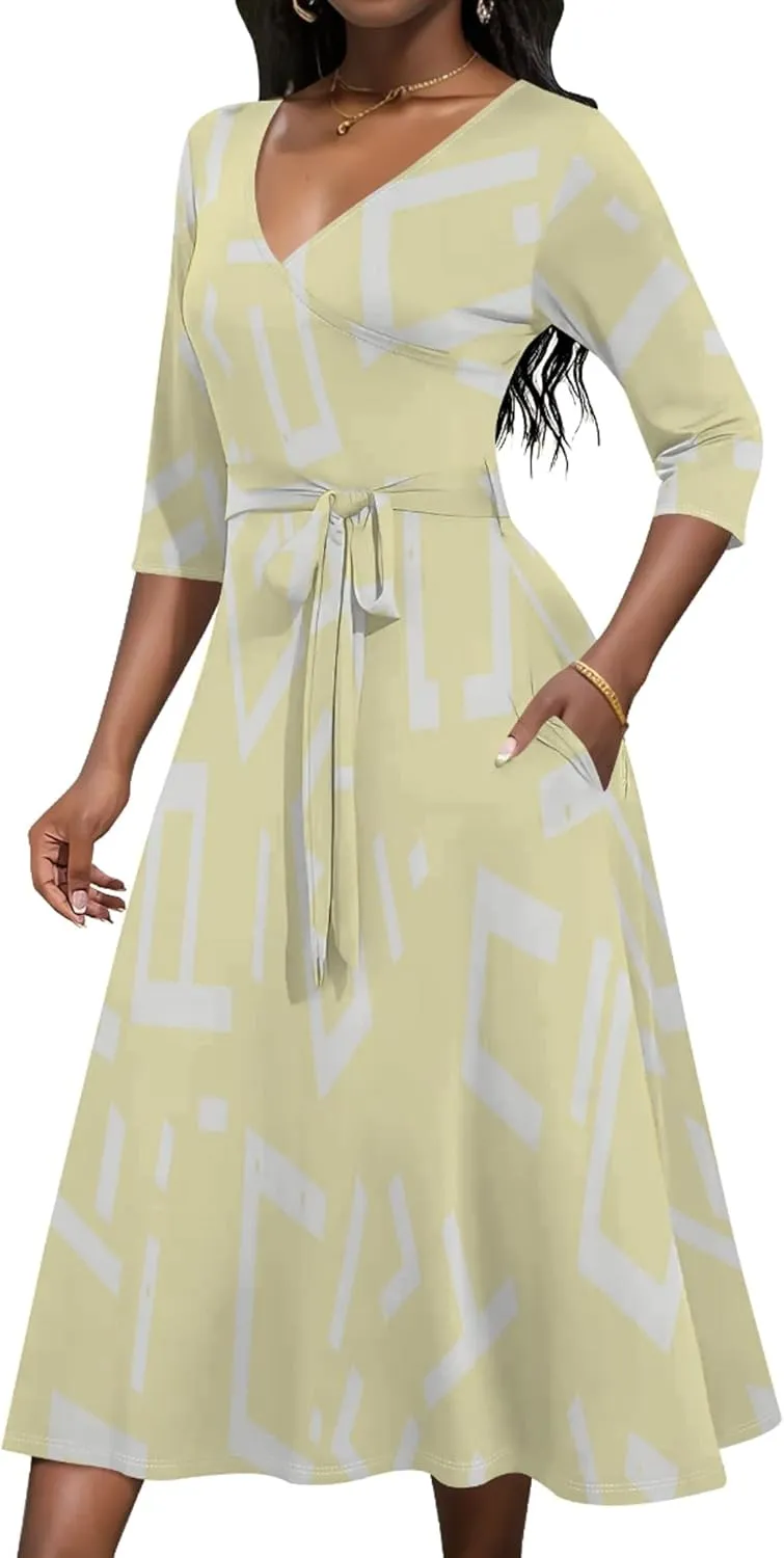 Women 2024 Autumn Casual Dresses 3/4 Sleeve Wrap Sundress Summer Club Party Floral Print Sexy Swing Midi Dress with Pockets