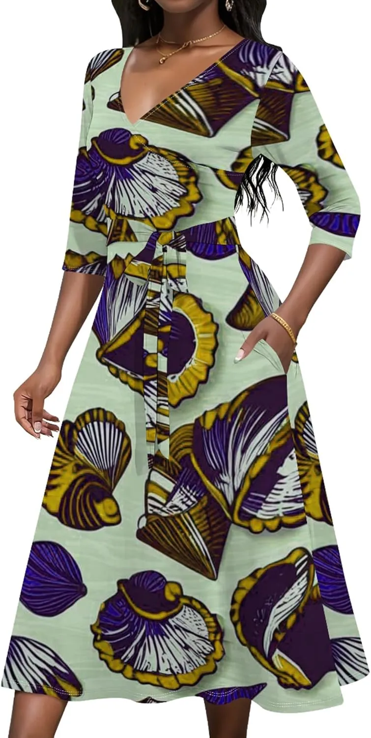 Women 2024 Autumn Casual Dresses 3/4 Sleeve Wrap Sundress Summer Club Party Floral Print Sexy Swing Midi Dress with Pockets