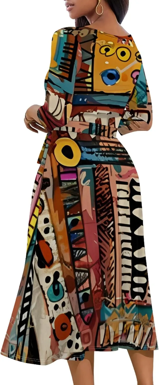 Women 2024 Autumn Casual Dresses 3/4 Sleeve Wrap Sundress Summer Club Party Floral Print Sexy Swing Midi Dress with Pockets