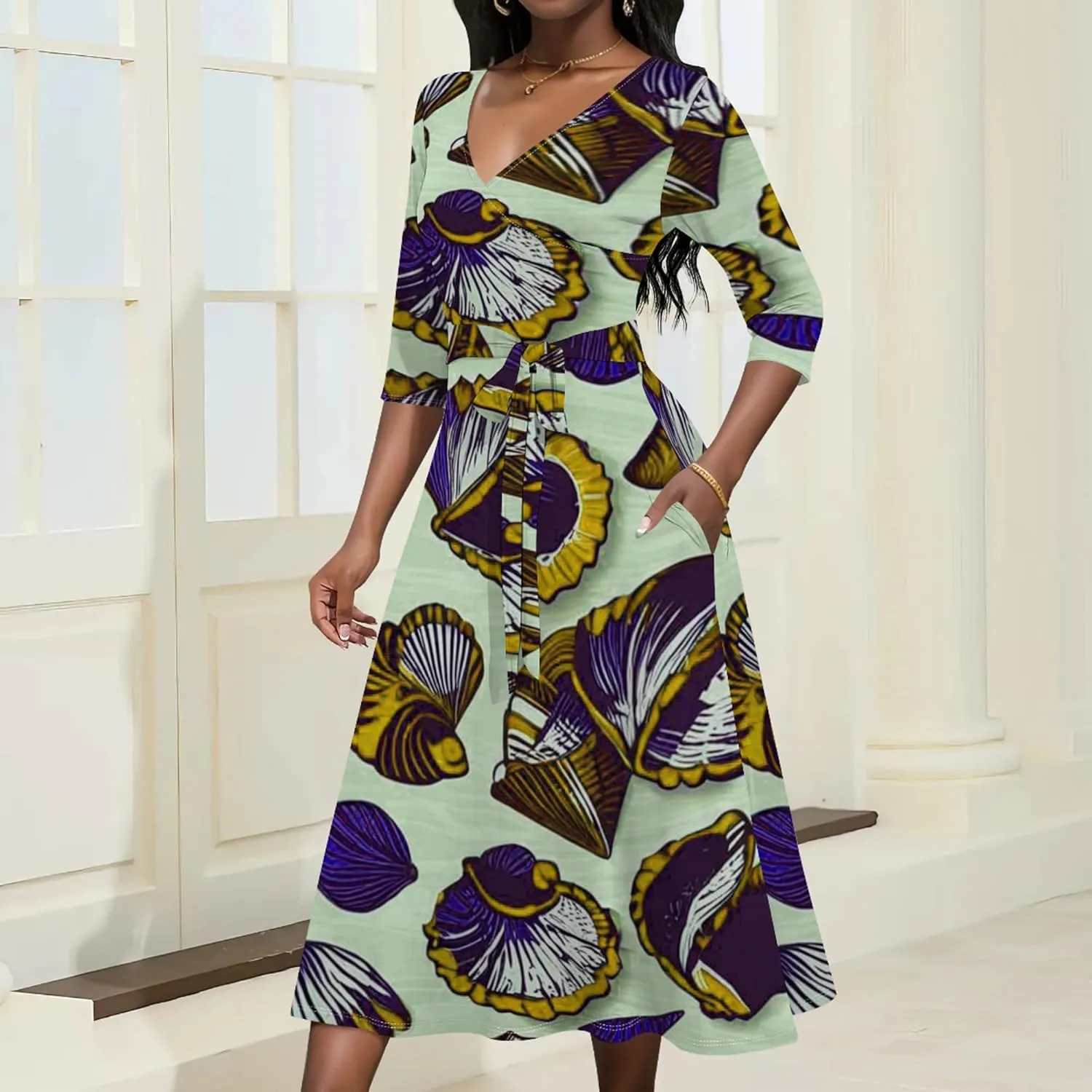 Women 2024 Autumn Casual Dresses 3/4 Sleeve Wrap Sundress Summer Club Party Floral Print Sexy Swing Midi Dress with Pockets