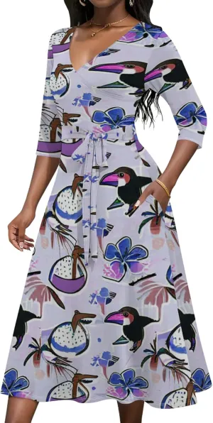 Women 2024 Autumn Casual Dresses 3/4 Sleeve Wrap Sundress Summer Club Party Floral Print Sexy Swing Midi Dress with Pockets