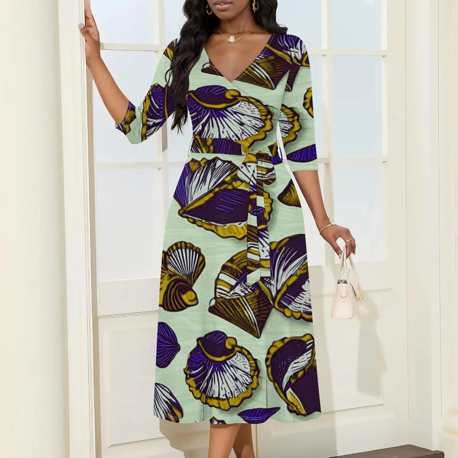 Women 2024 Autumn Casual Dresses 3/4 Sleeve Wrap Sundress Summer Club Party Floral Print Sexy Swing Midi Dress with Pockets