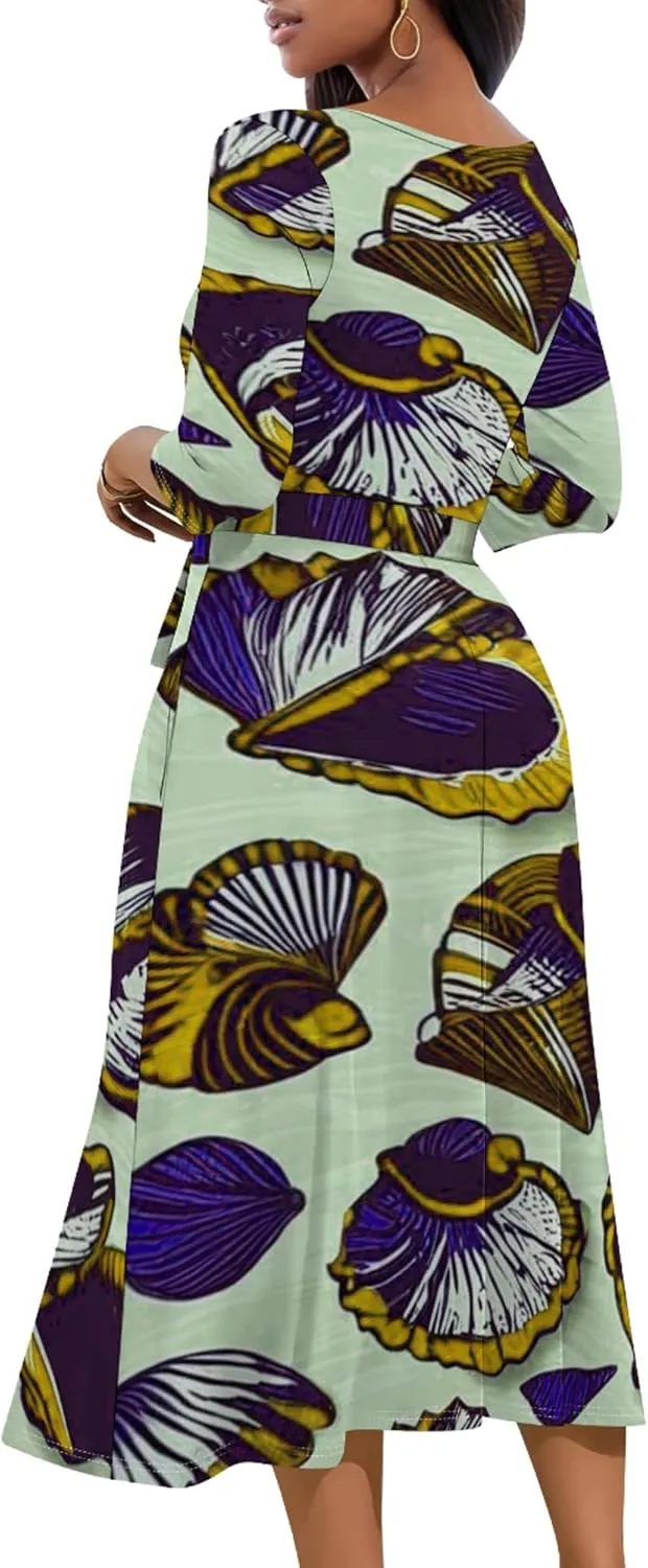 Women 2024 Autumn Casual Dresses 3/4 Sleeve Wrap Sundress Summer Club Party Floral Print Sexy Swing Midi Dress with Pockets