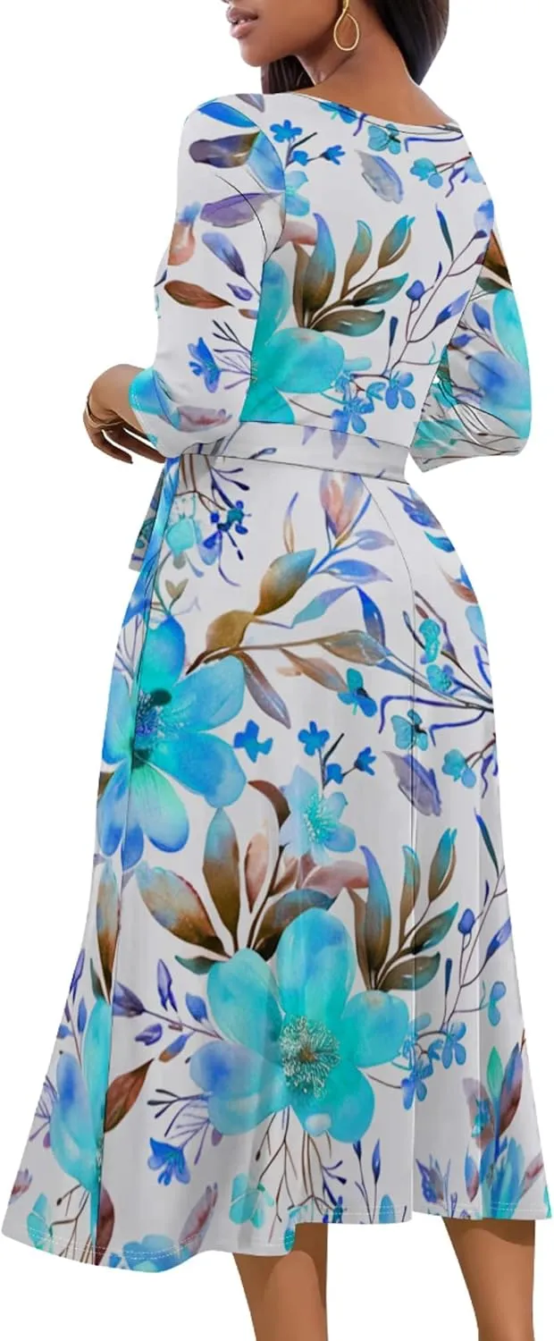 Women 2024 Autumn Casual Dresses 3/4 Sleeve Wrap Sundress Summer Club Party Floral Print Sexy Swing Midi Dress with Pockets