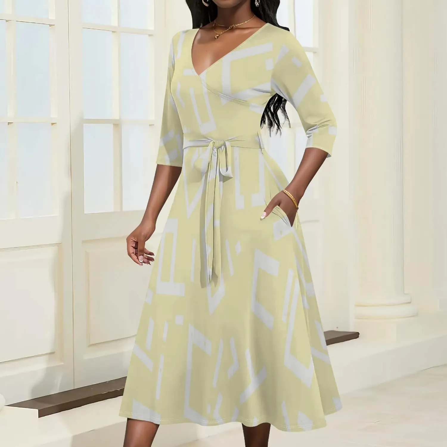 Women 2024 Autumn Casual Dresses 3/4 Sleeve Wrap Sundress Summer Club Party Floral Print Sexy Swing Midi Dress with Pockets