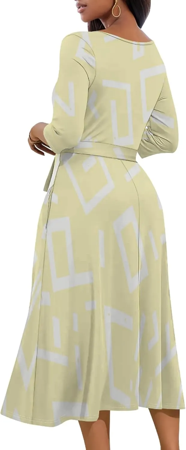 Women 2024 Autumn Casual Dresses 3/4 Sleeve Wrap Sundress Summer Club Party Floral Print Sexy Swing Midi Dress with Pockets