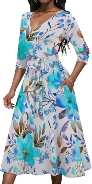 Women 2024 Autumn Casual Dresses 3/4 Sleeve Wrap Sundress Summer Club Party Floral Print Sexy Swing Midi Dress with Pockets