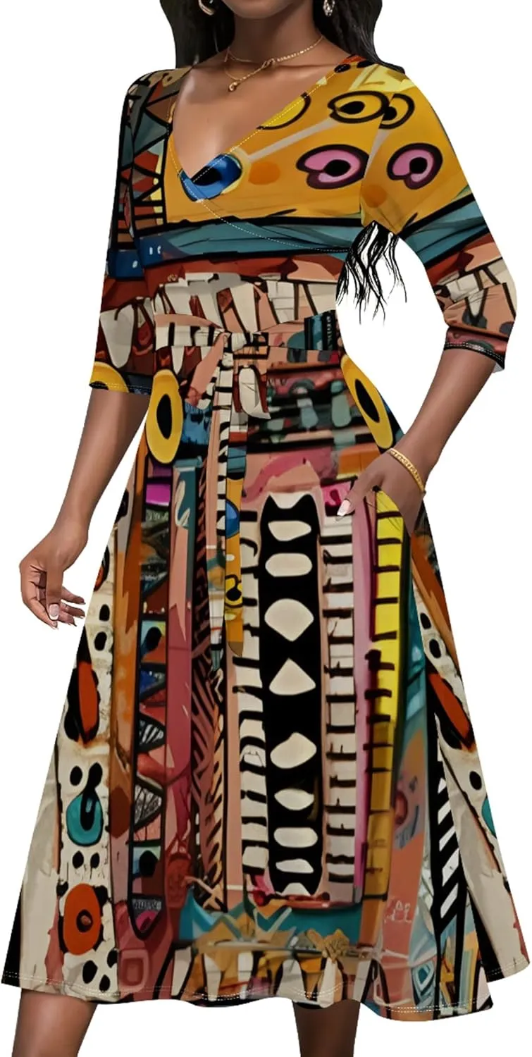 Women 2024 Autumn Casual Dresses 3/4 Sleeve Wrap Sundress Summer Club Party Floral Print Sexy Swing Midi Dress with Pockets